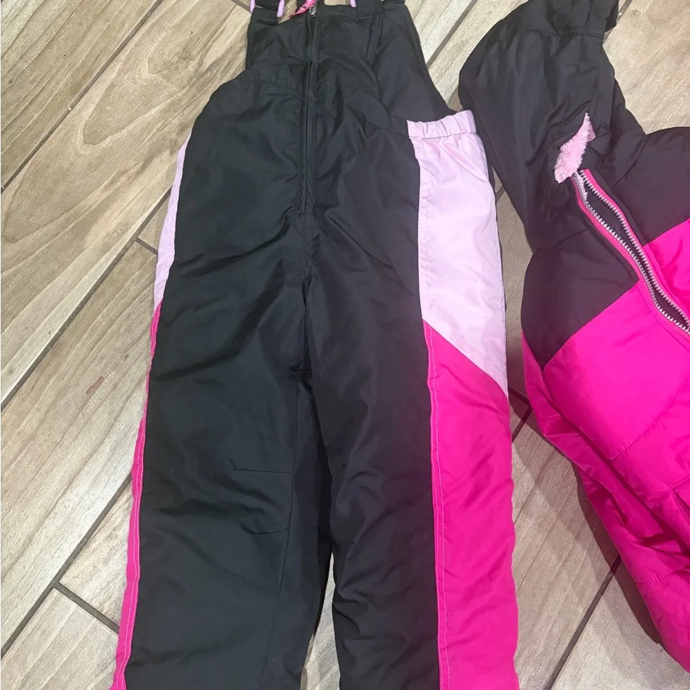 Girls Pink and Black Winter Snow Jacket + Bib Pants size 4 Good Condition